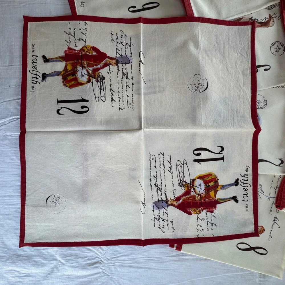 Williams Sonoma 12 Days of Christmas Cotton Napkins Set of 12 Red White RARE